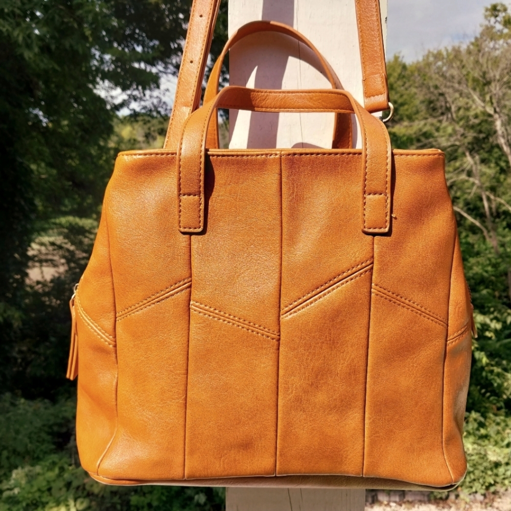 Brown Antik Kraft Crossbody Tote Purse W Adjustable Strap, 3 Compartment, Zipper